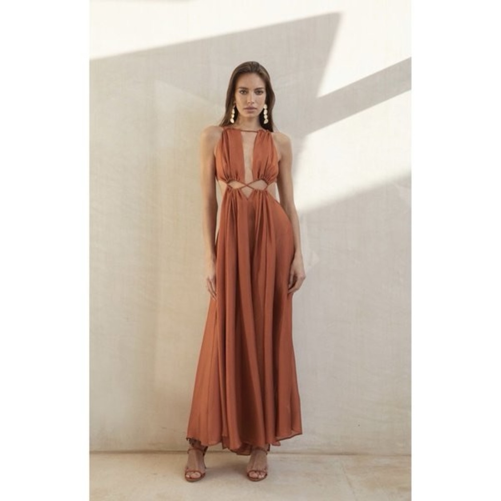 Cult Gaia Silk “Thera” Dress in Burnt Orange Rust Floor Length Gown Sz S